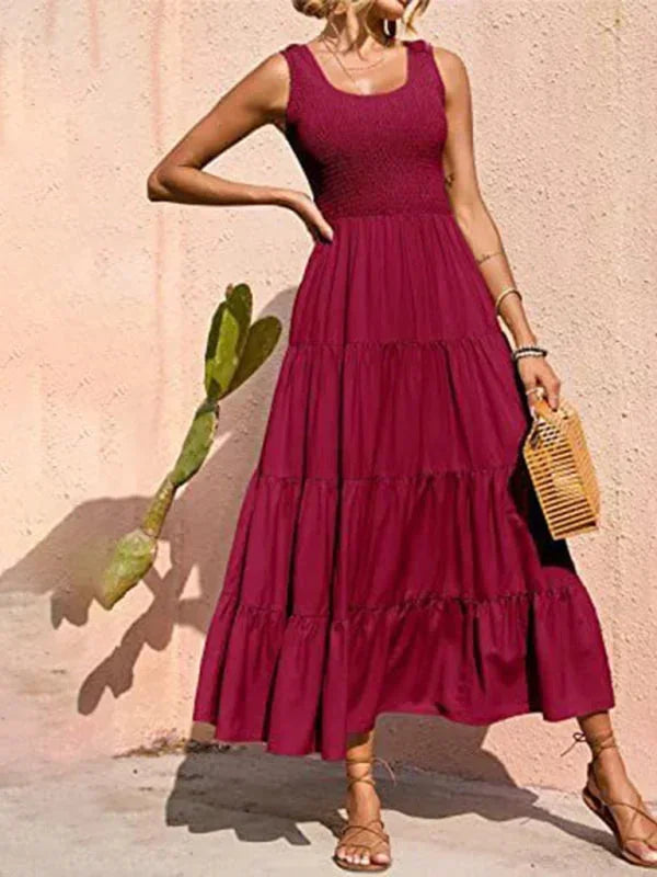 Vestito lungo donna con arricciature elastiche e volant senza maniche