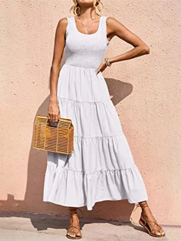 Vestito lungo donna con arricciature elastiche e volant senza maniche
