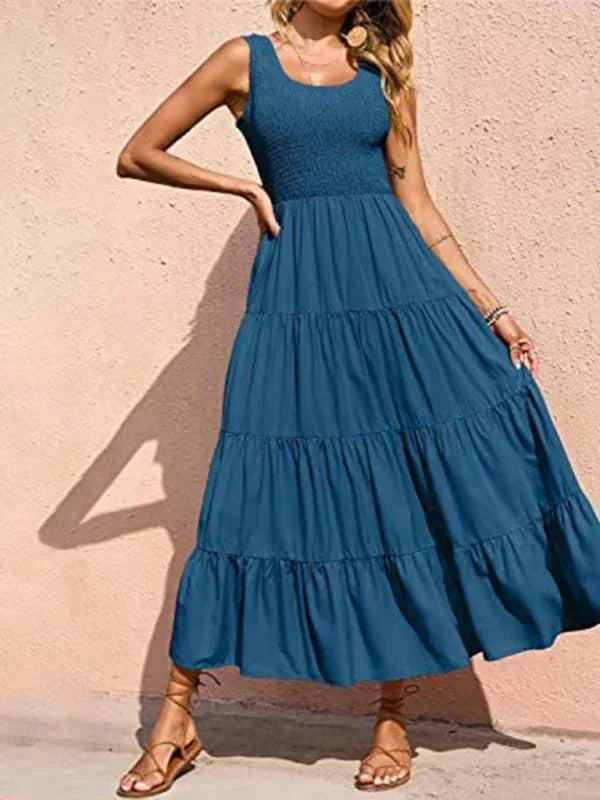 Vestito lungo donna con arricciature elastiche e volant senza maniche