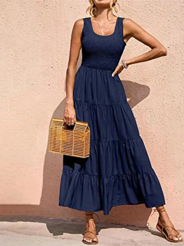Vestito lungo donna con arricciature elastiche e volant senza maniche
