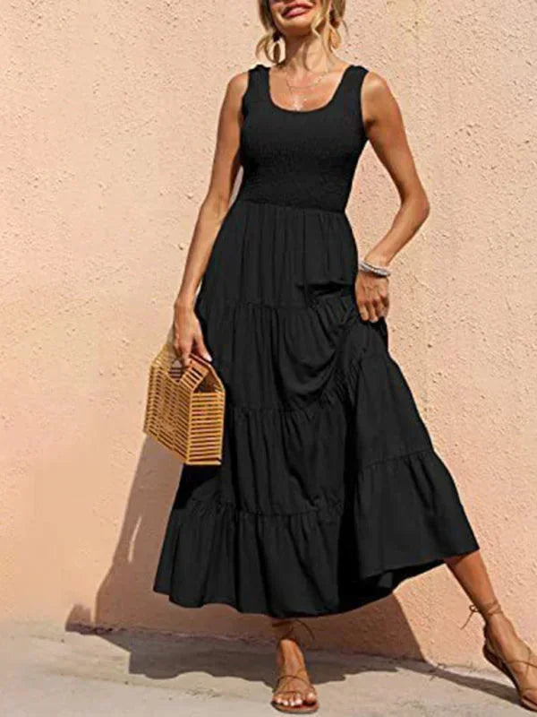 Vestito lungo donna con arricciature elastiche e volant senza maniche