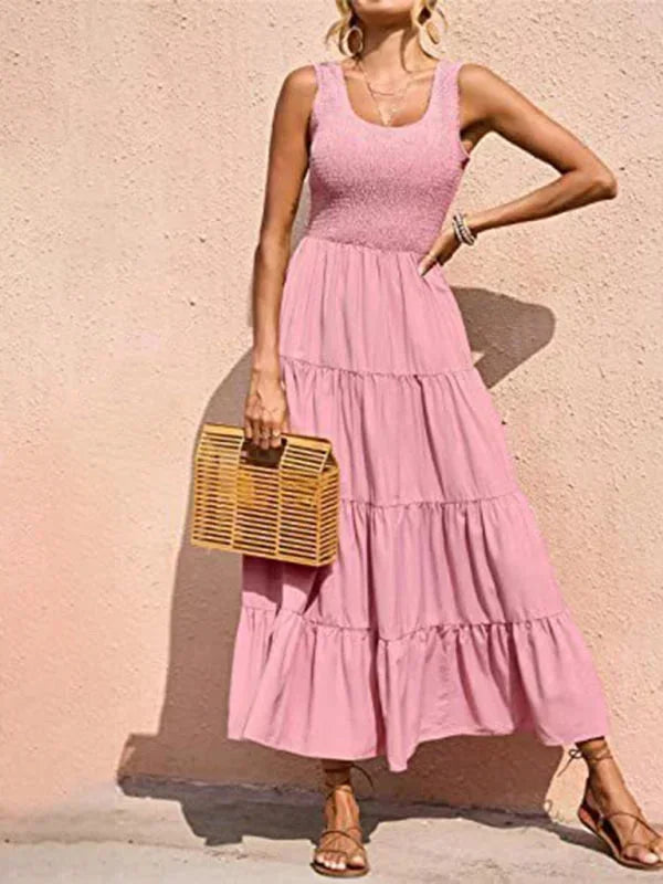 Vestito lungo donna con arricciature elastiche e volant senza maniche