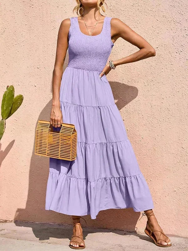 Vestito lungo donna con arricciature elastiche e volant senza maniche