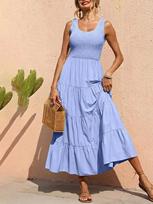 Vestito lungo donna con arricciature elastiche e volant senza maniche
