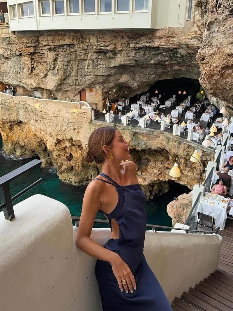 Vestito lungo donna schiena nuda con bretelline da sera