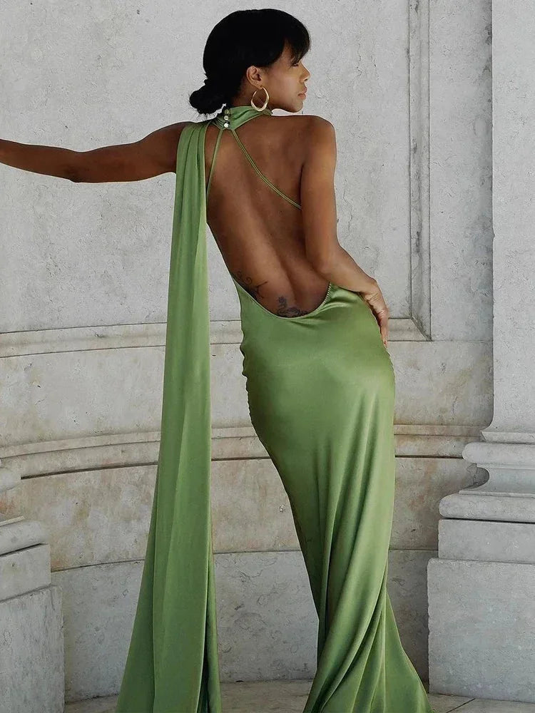 Vestito lungo donna satinato a Spalla unica schiena nuda