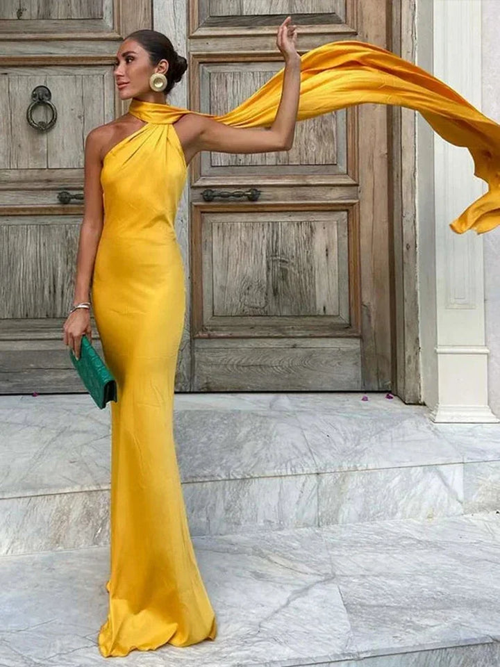 Vestito lungo donna satinato a Spalla unica schiena nuda