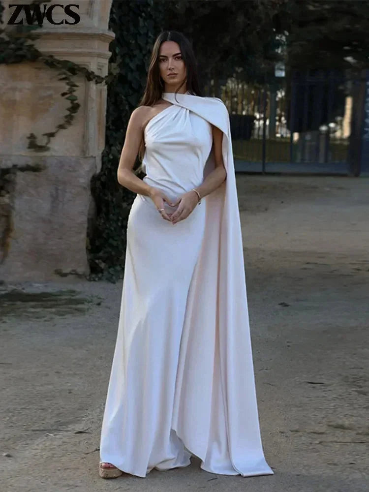 Vestito lungo donna satinato a Spalla unica schiena nuda