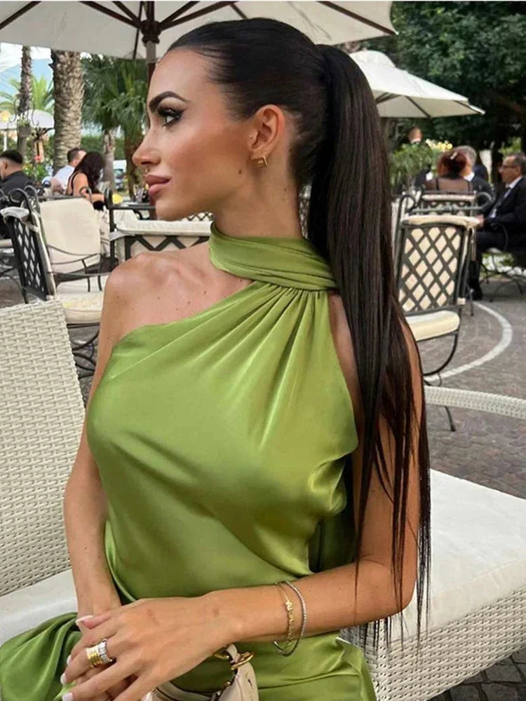 Vestito lungo donna satinato a Spalla unica schiena nuda