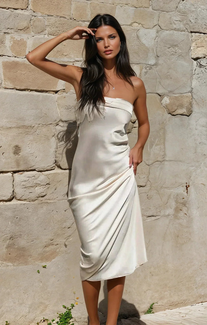 Vestito lungo satinato donna senza spalline per la sera