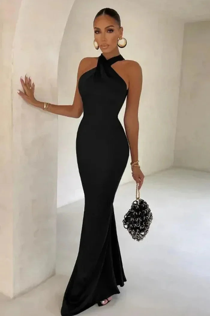 Vestito lungo donna con collo incrociato e silhouette aderente