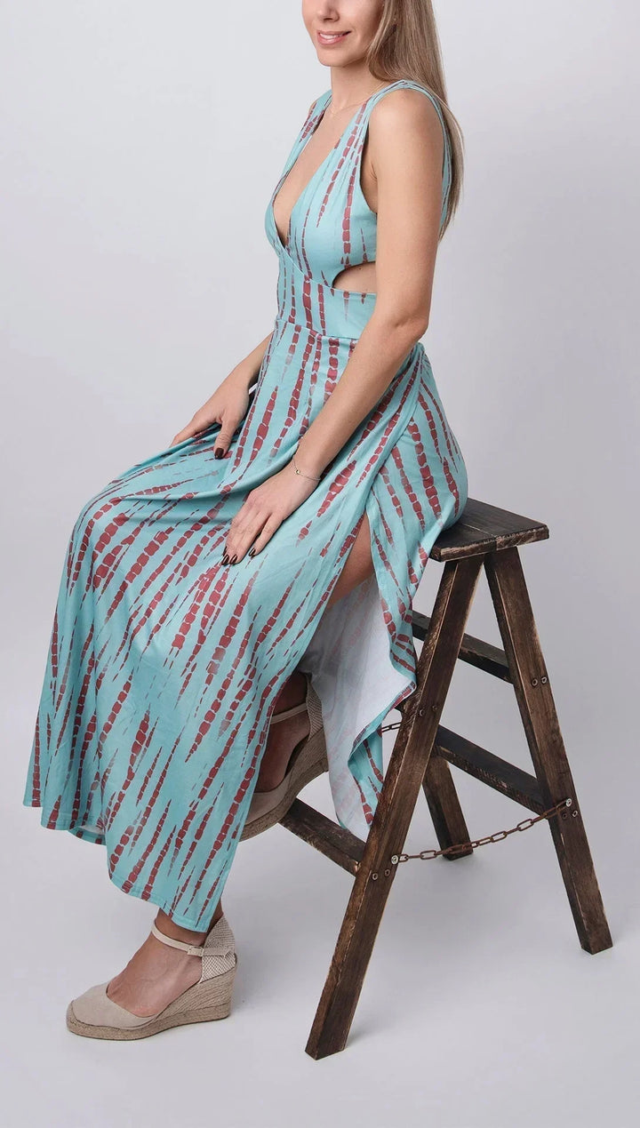 Vestito lungo donna tie-dye con cut-out e scollo a V