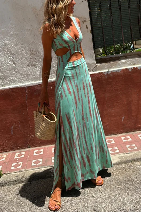 Vestito lungo donna tie-dye con cut-out e scollo a V
