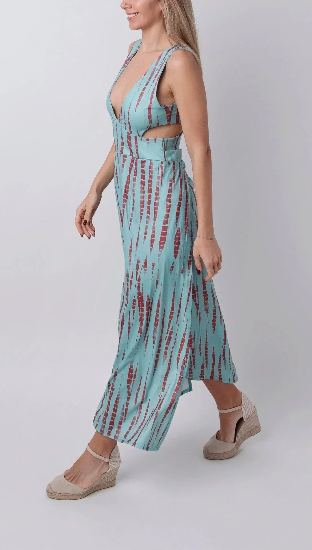 Vestito lungo donna tie-dye con cut-out e scollo a V