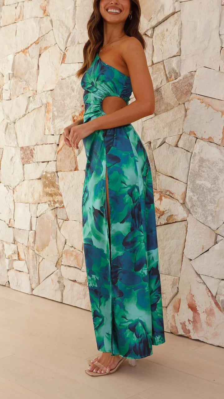 Vestito lungo verde monospalla con spacco floreale da sera