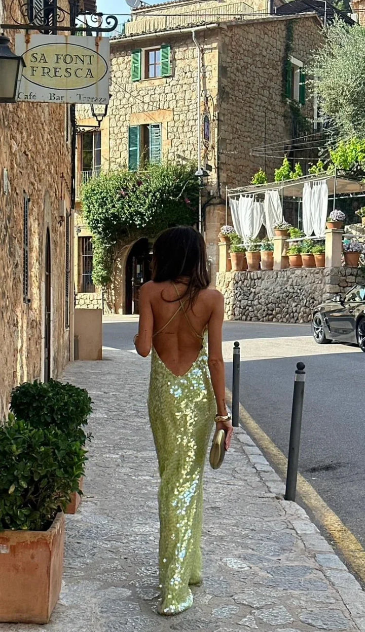 Vestito lungo donna con paillettes verdi schiena nuda da sera