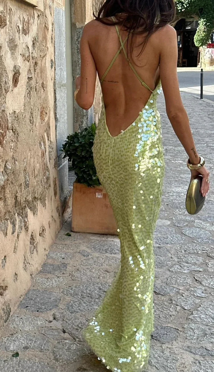 Vestito lungo donna con paillettes verdi schiena nuda da sera