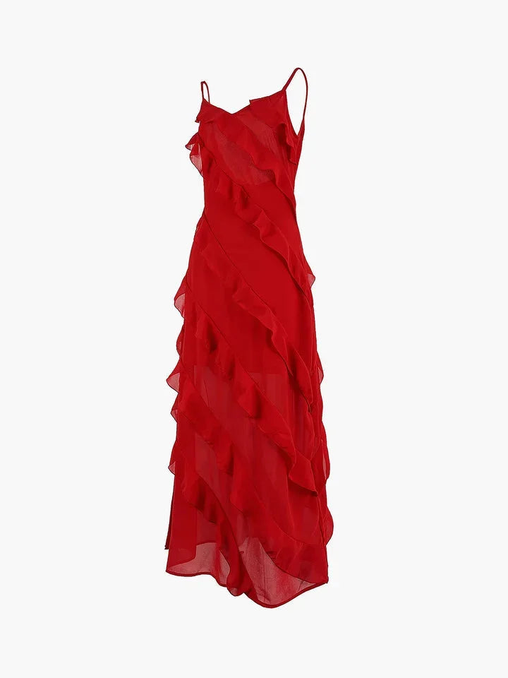 Vestito lungo donna con volant asimmetrici e bretelline sottili