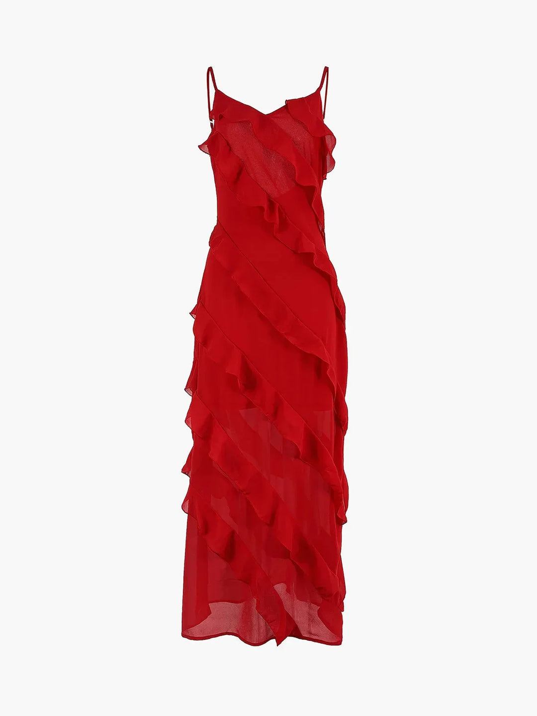Vestito lungo donna con volant asimmetrici e bretelline sottili