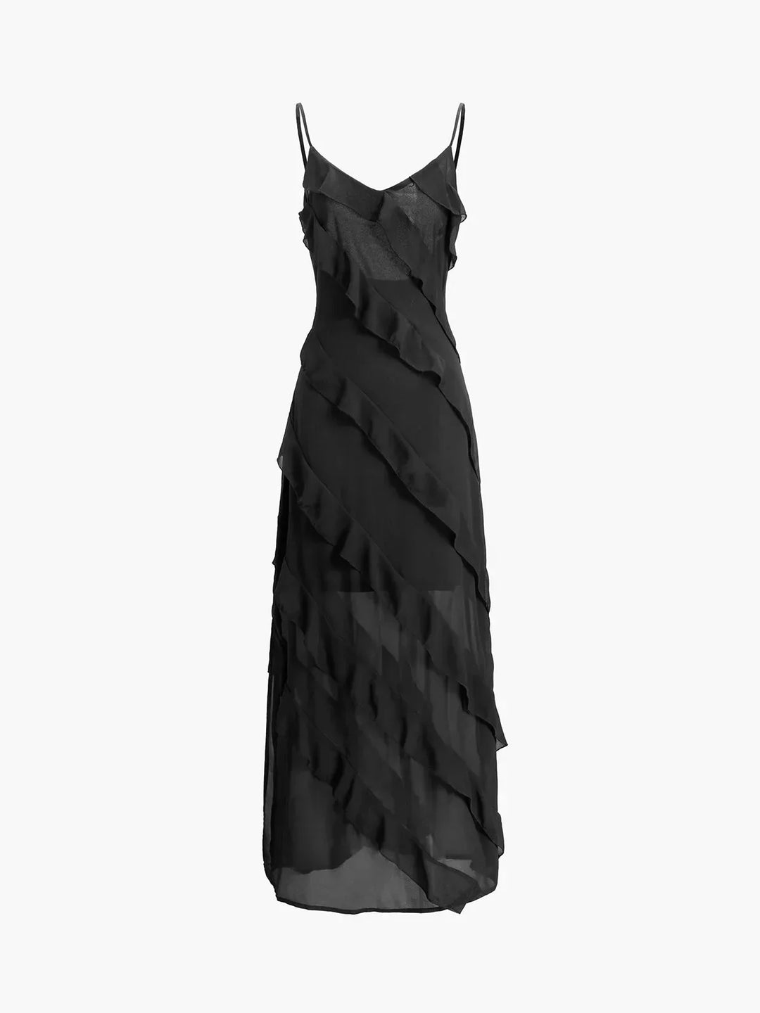 Vestito lungo donna con volant asimmetrici e bretelline sottili