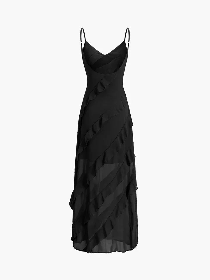 Vestito lungo donna con volant asimmetrici e bretelline sottili