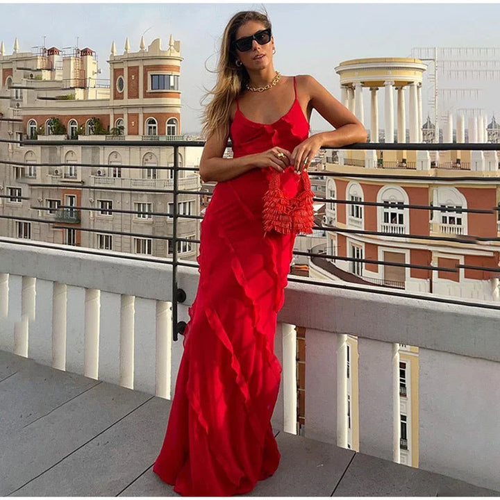 Vestito lungo donna con volant asimmetrici e bretelline sottili
