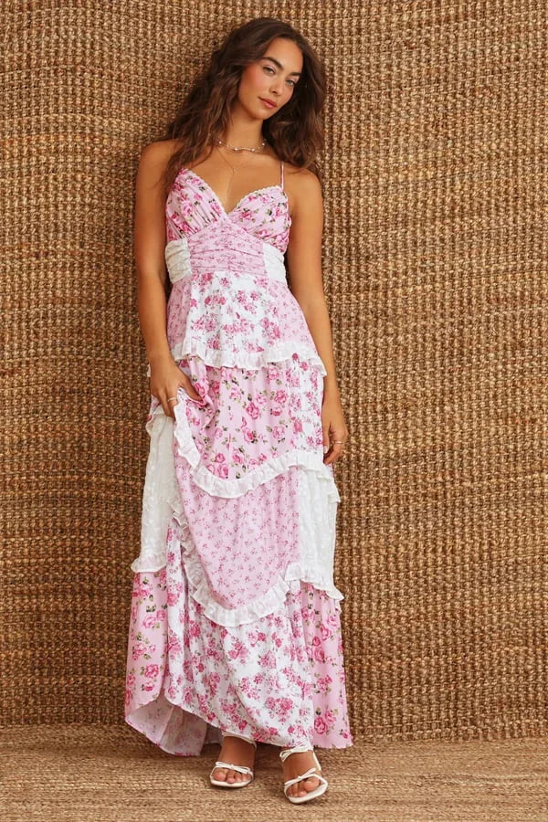 Vestito lungo donna estivo patchwork con spalline sottili