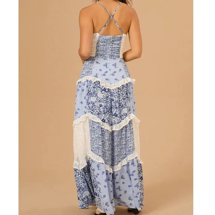 Vestito lungo donna estivo patchwork con spalline sottili