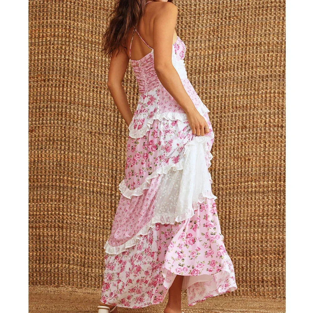 Vestito lungo donna estivo patchwork con spalline sottili