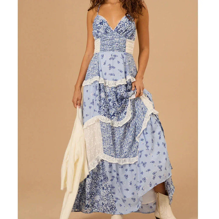 Vestito lungo donna estivo patchwork con spalline sottili