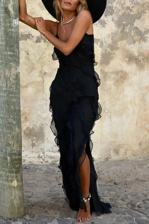 Vestito lungo donna senza maniche con volant e spacco
