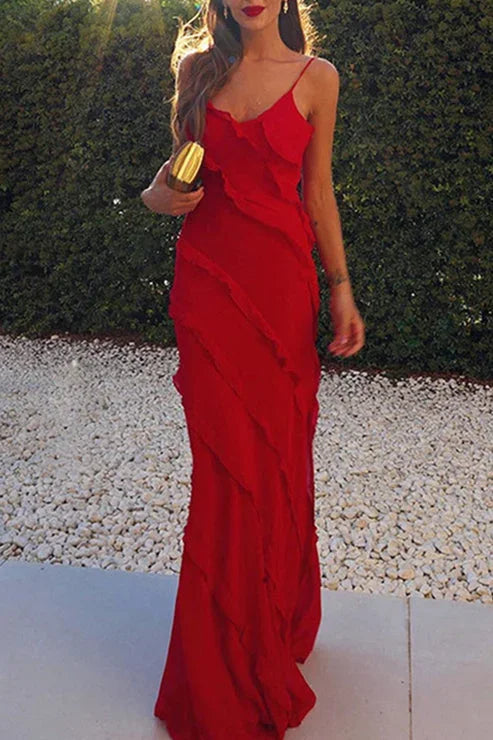 Vestito lungo donna senza maniche con volant e spacco