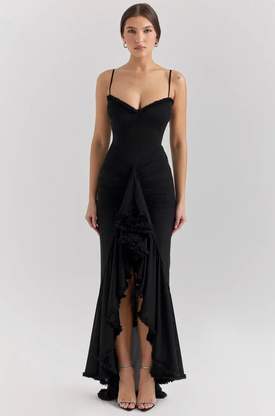 Abito midi aderente donna con volant e spalline sottili