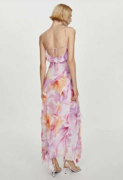 Abito midi donna rosa con volant e spalline sottili