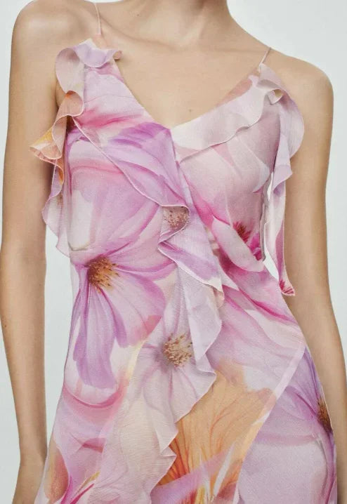 Abito midi donna rosa con volant e spalline sottili