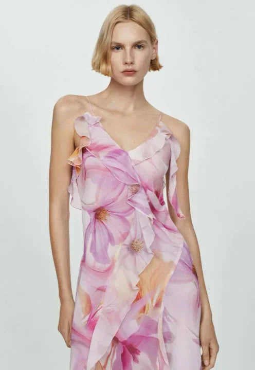 Abito midi donna rosa con volant e spalline sottili
