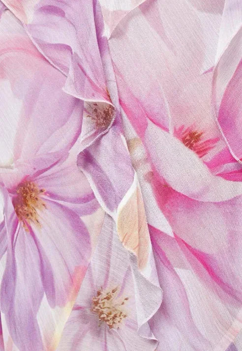 Abito midi donna rosa con volant e spalline sottili