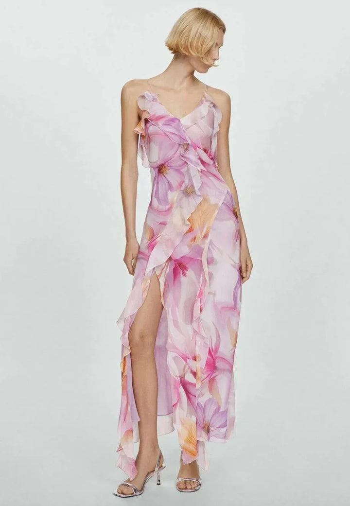 Abito midi donna rosa con volant e spalline sottili