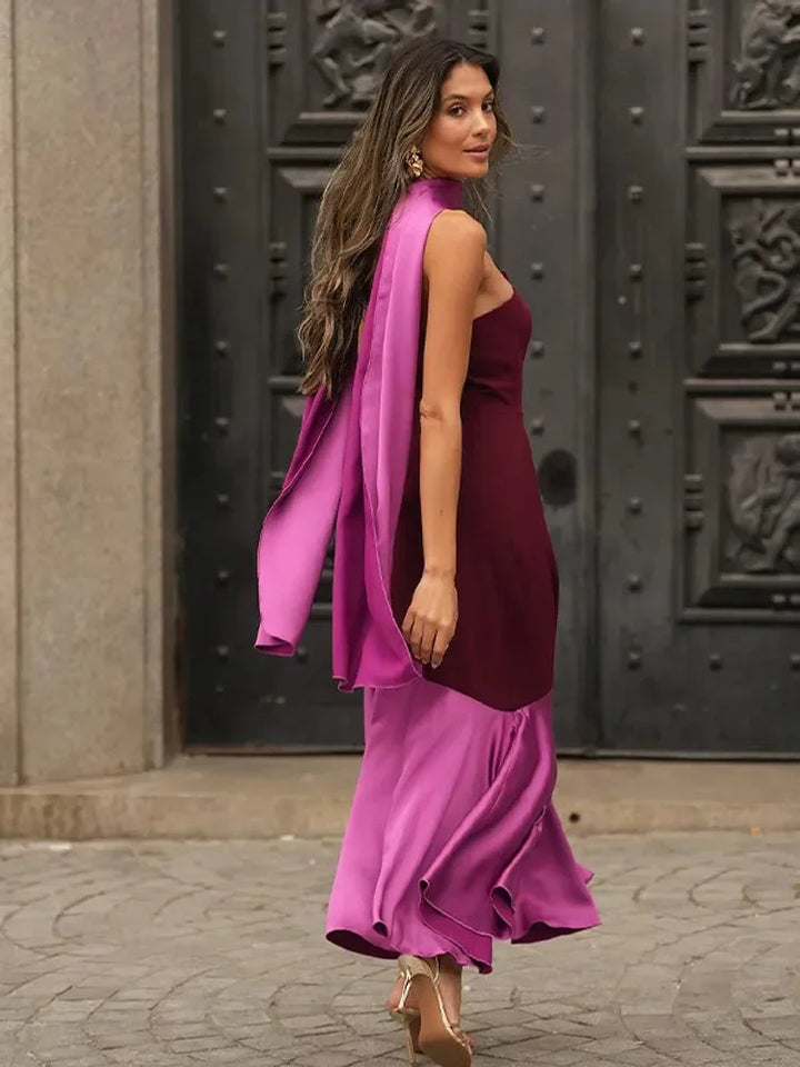 Abito midi donna asimmetrico bordeaux scollo dritto da sera