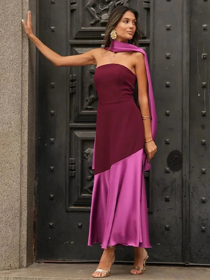Abito midi donna asimmetrico bordeaux scollo dritto da sera