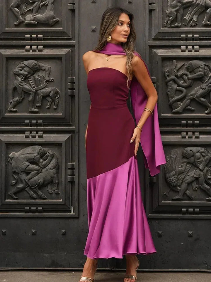 Abito midi donna asimmetrico bordeaux scollo dritto da sera