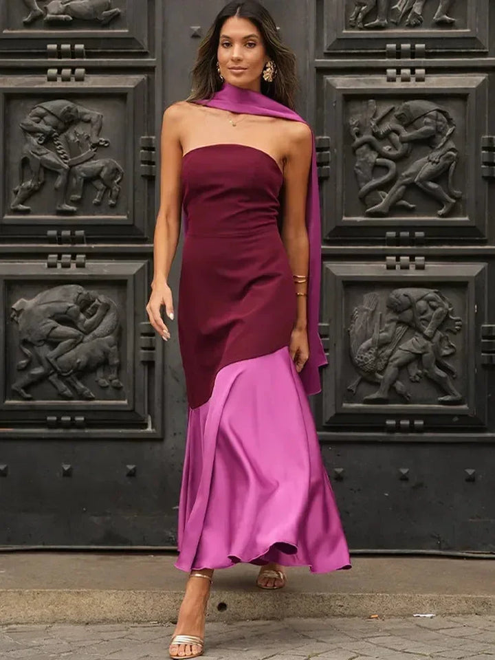 Abito midi donna asimmetrico bordeaux scollo dritto da sera