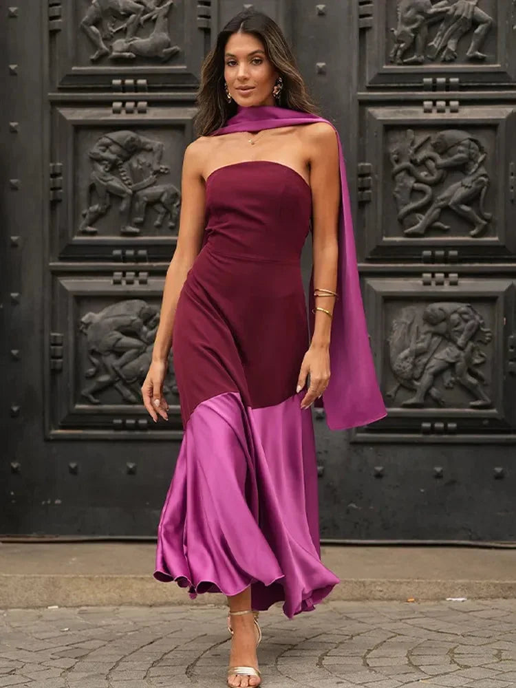 Abito midi donna asimmetrico bordeaux scollo dritto da sera