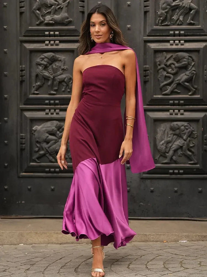 Abito midi donna asimmetrico bordeaux scollo dritto da sera