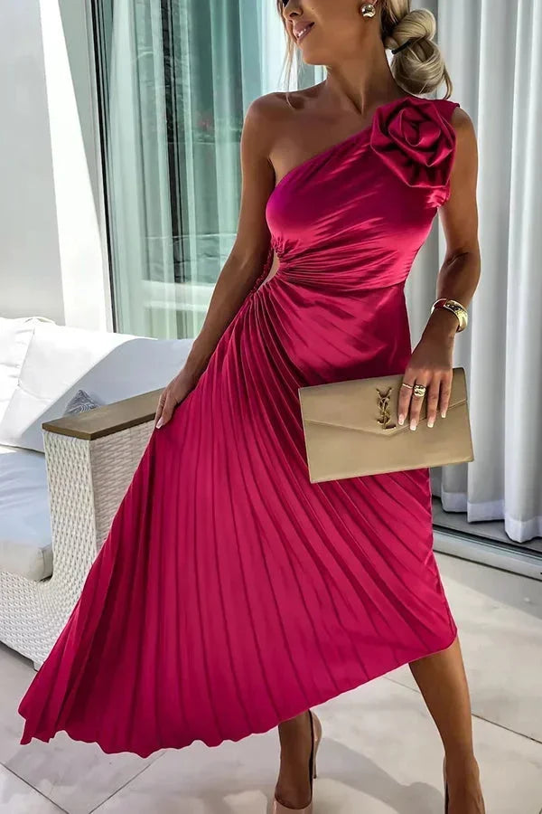 Abito midi asimmetrico plissettato con cut-out e rosa