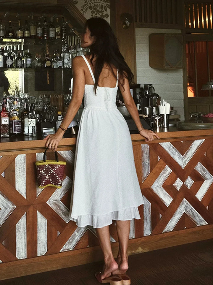 Abito midi donna con volant e spalline estivo