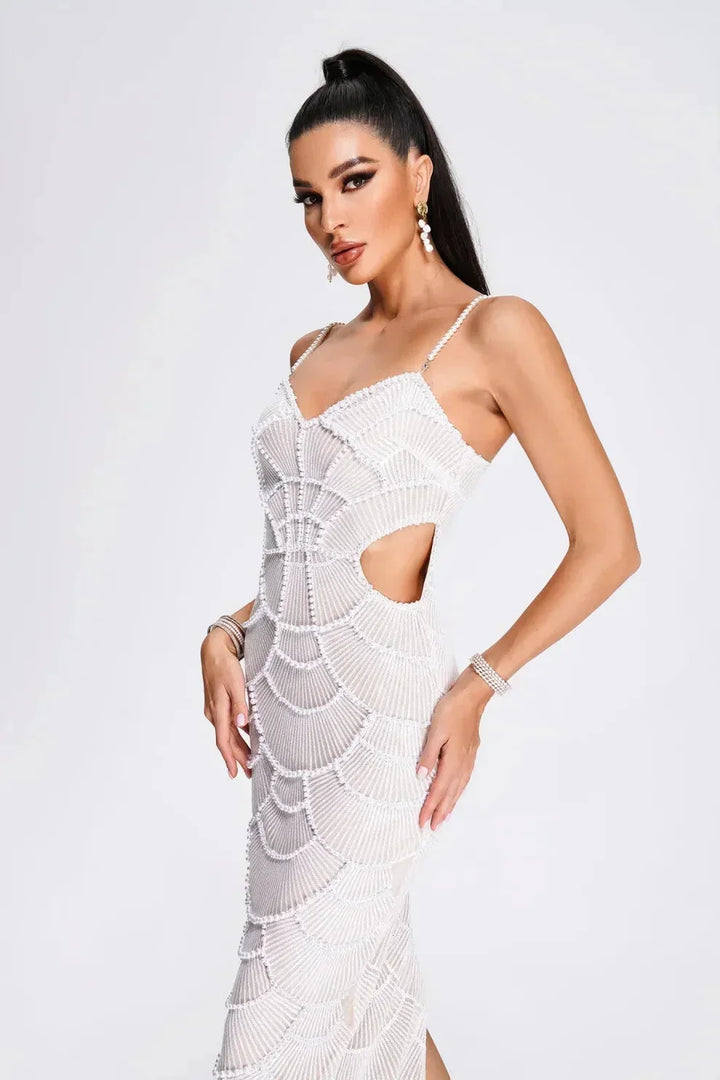 Abito midi da sera bianco con paillettes e ritagli