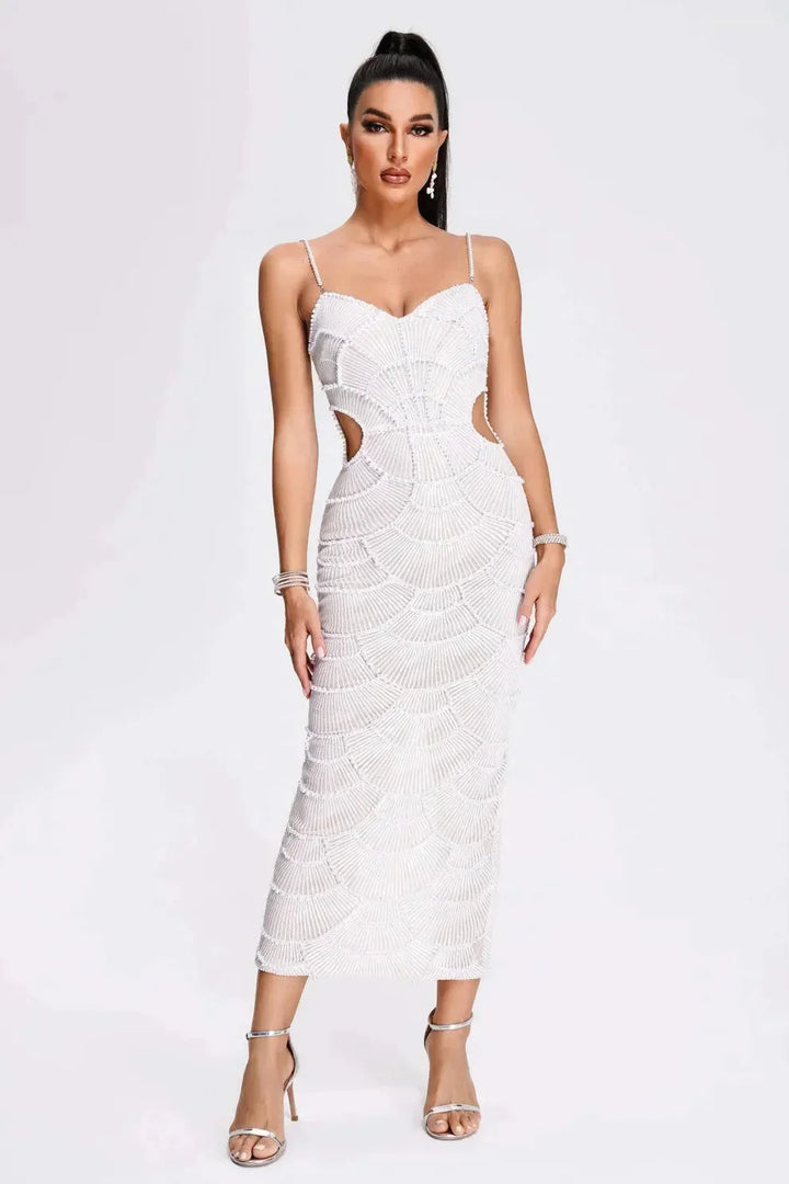 Abito midi da sera bianco con paillettes e ritagli