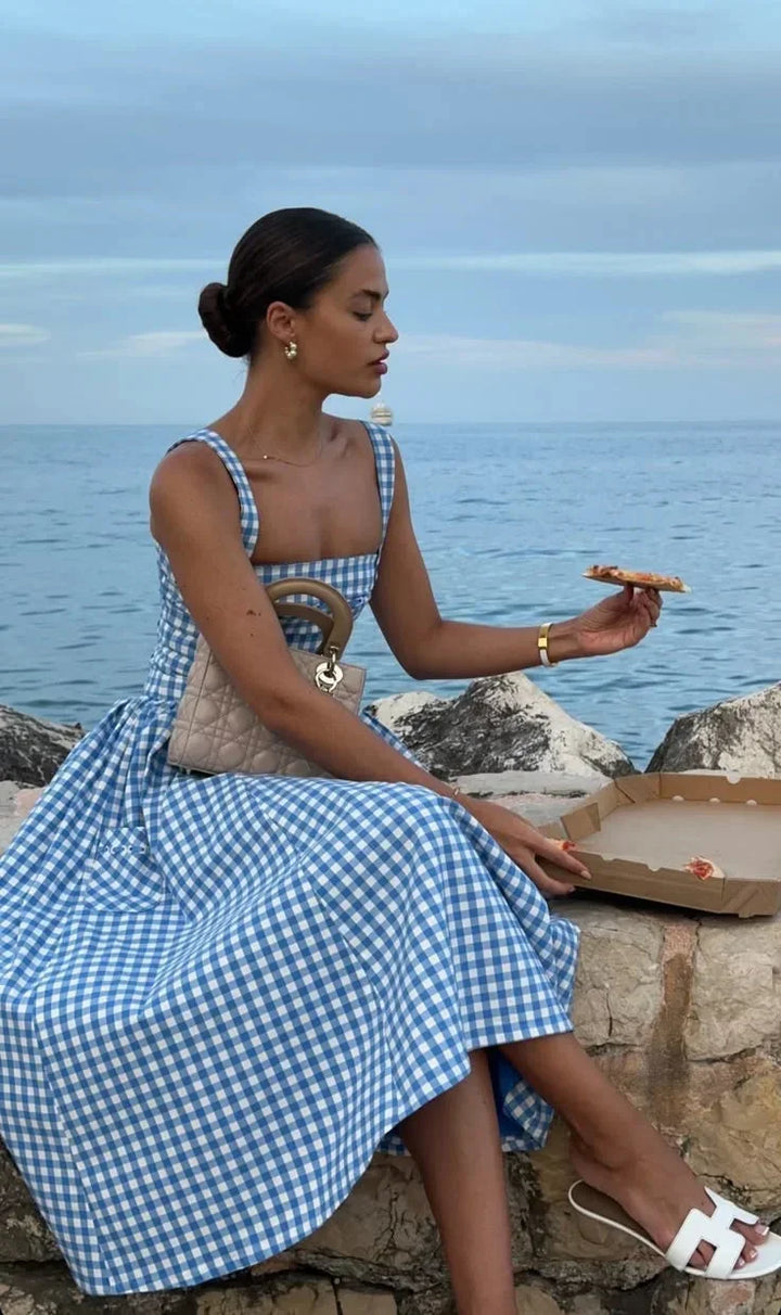 Abito midi a quadri blu con Spalle scoperte estivo