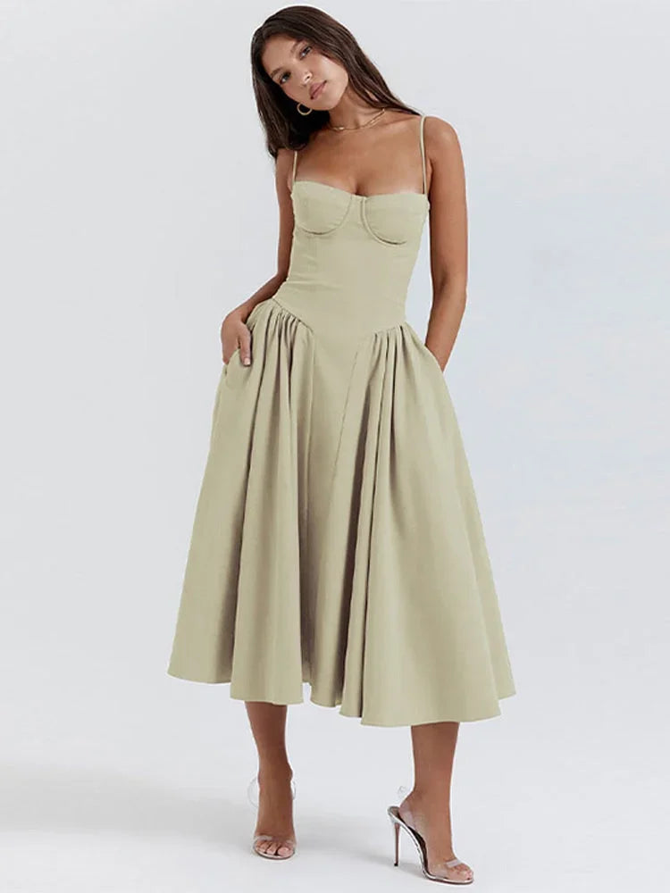Abito midi donna svasato con spalline e tasche